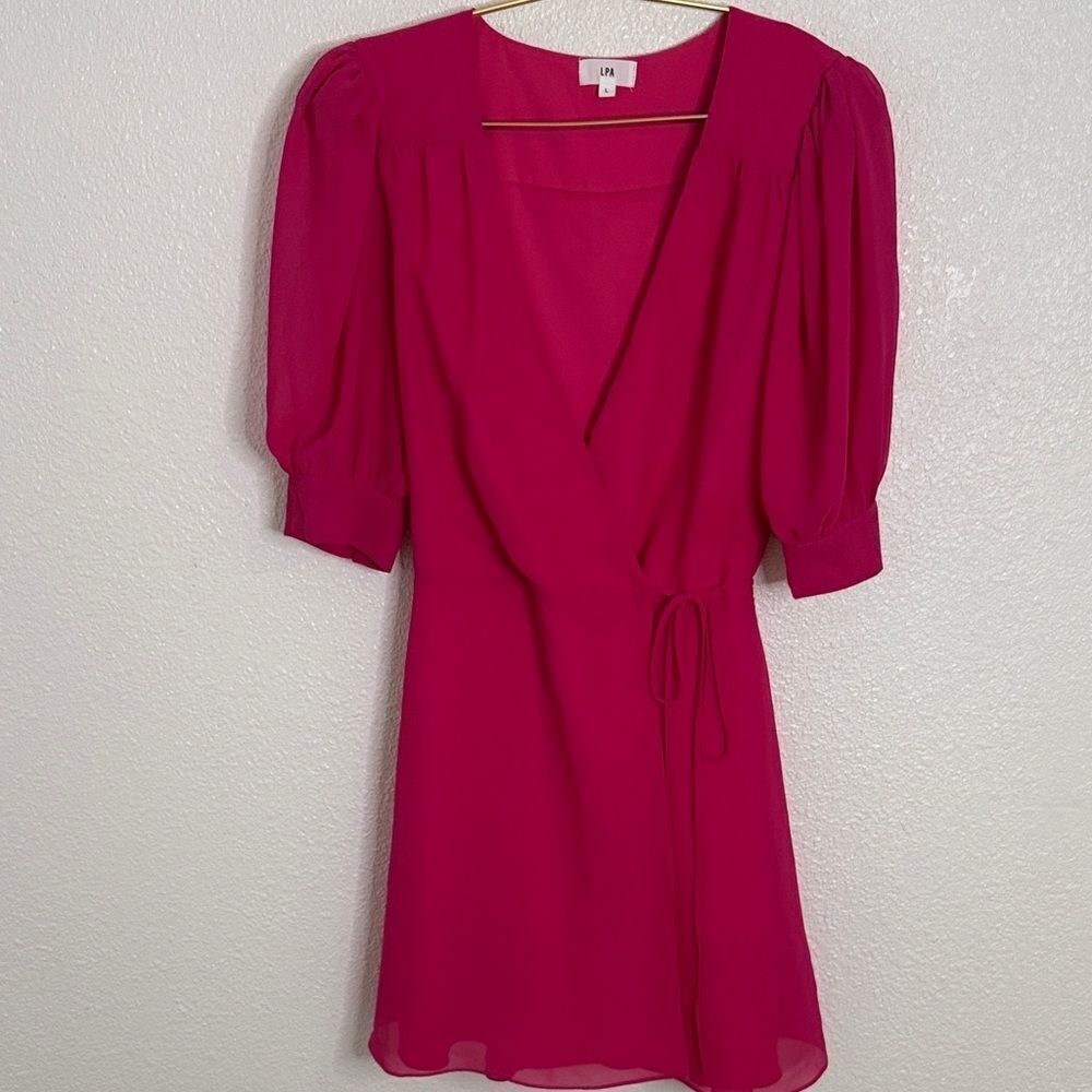 LPA- Vibrant Pink Mini wrap Dress with Puff Sleeves- Large